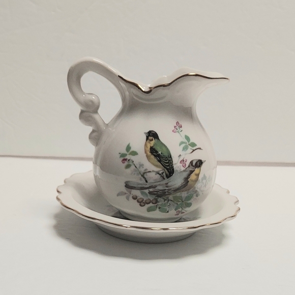 Vintage Ardco Miniture Bowl 44/592 & Pitcher C-2836 Set Gold Trim Birds Floral - Picture 2 of 16